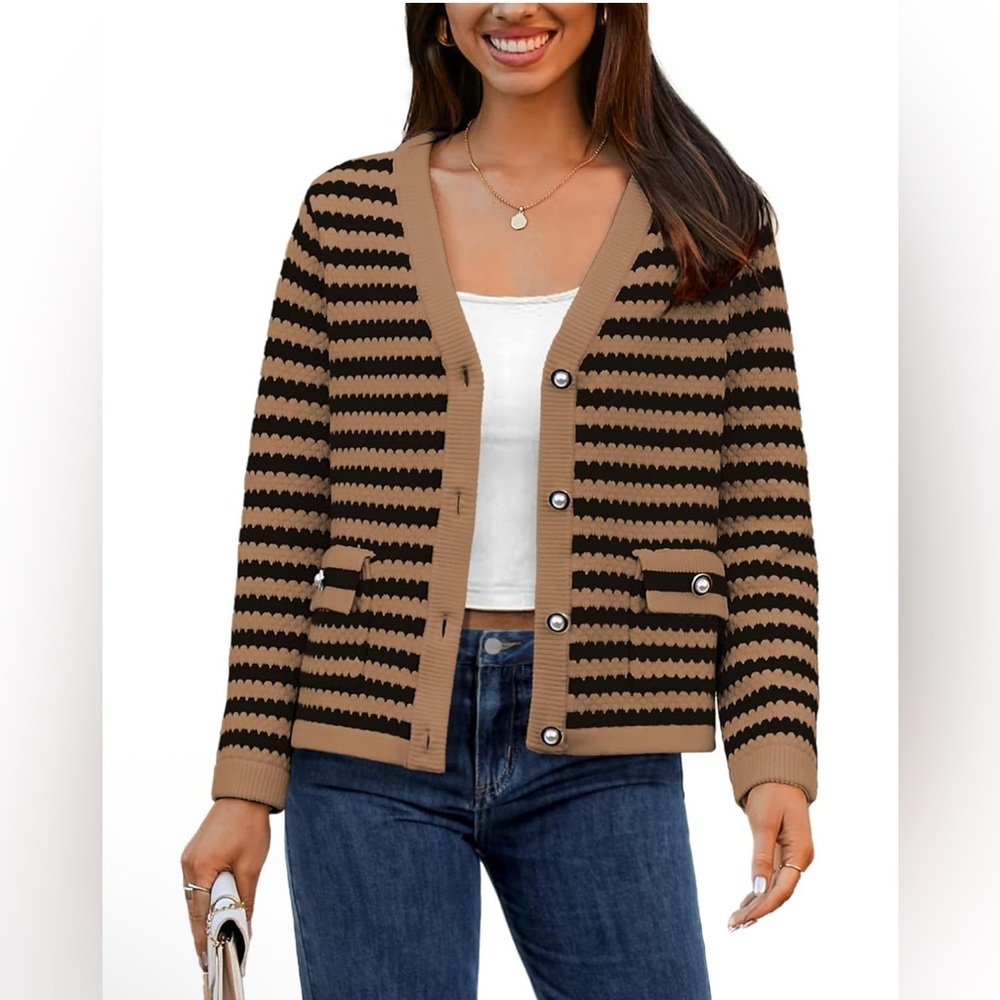 Casly Lamiit Women's Cardigan Sweaters V Neck Striped Gold Button Cardigan